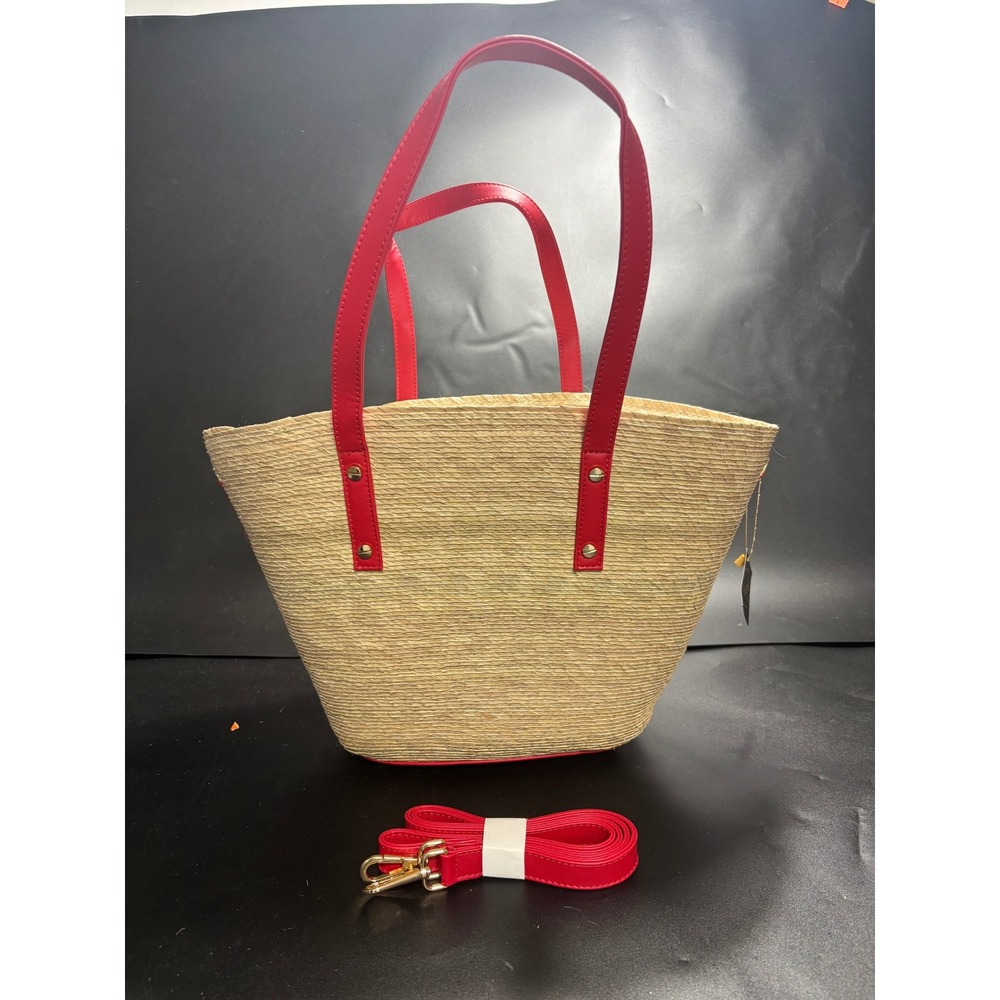 By Del Rio Straw Tote Bag Red Faux Leather Trim Crossbody Strap NWT 00-157‎